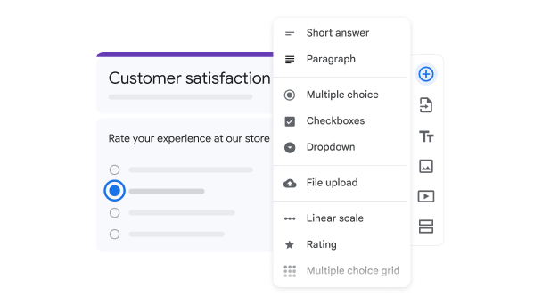Googleフォームで質問の形式を選ぶ編集画面(Google公式掲載の英語版イメージ)